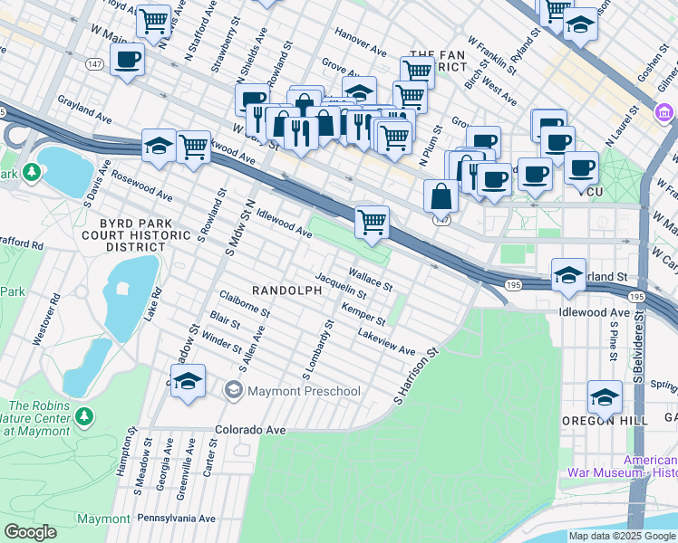 map of restaurants, bars, coffee shops, grocery stores, and more near 1609 Wallace Street in Richmond