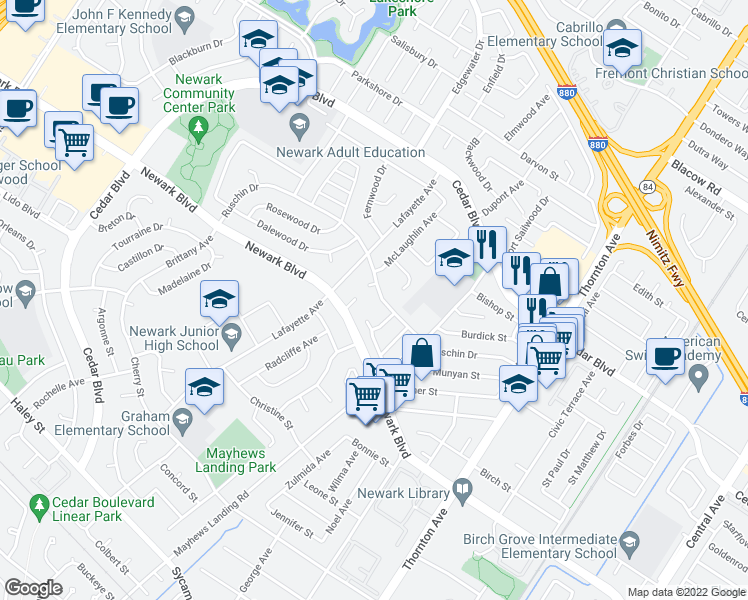 map of restaurants, bars, coffee shops, grocery stores, and more near 36409 Ruschin Drive in Newark