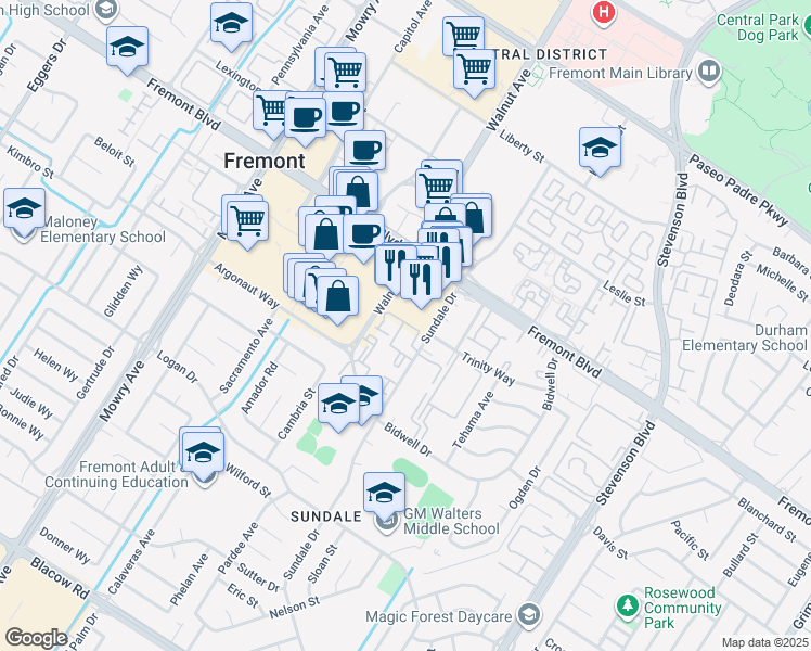 map of restaurants, bars, coffee shops, grocery stores, and more near 39531 Ross Common in Fremont