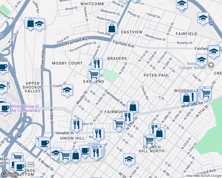 map of restaurants, bars, coffee shops, grocery stores, and more near 1920 Fairmount Avenue in Richmond