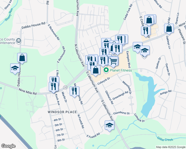 map of restaurants, bars, coffee shops, grocery stores, and more near 61 South Laburnum Avenue in Richmond