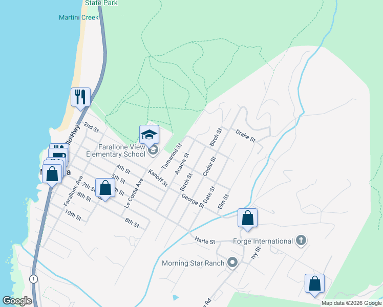 map of restaurants, bars, coffee shops, grocery stores, and more near 1047 Acacia Street in Montara