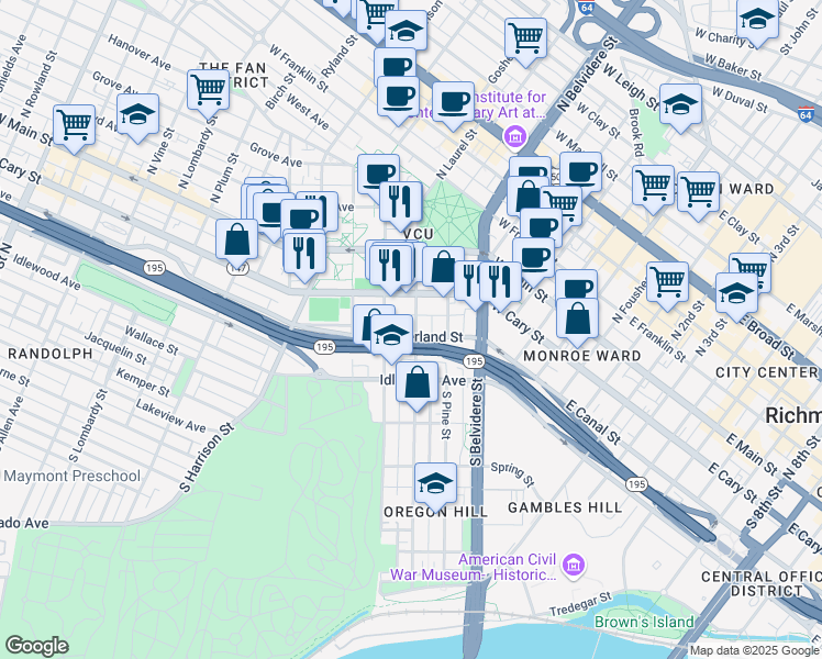 map of restaurants, bars, coffee shops, grocery stores, and more near 126 South Laurel Street in Richmond