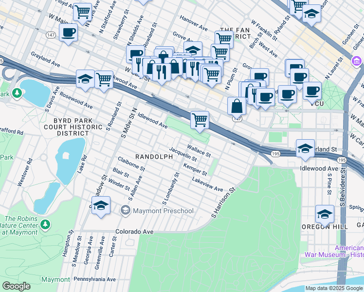 map of restaurants, bars, coffee shops, grocery stores, and more near 1609 Wallace Street in Richmond