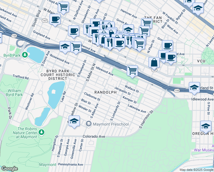 map of restaurants, bars, coffee shops, grocery stores, and more near 503 South Allen Avenue in Richmond