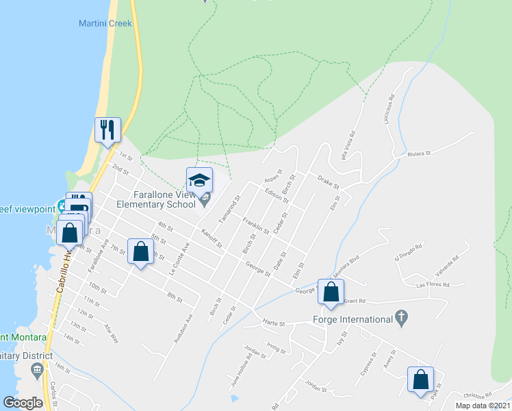 map of restaurants, bars, coffee shops, grocery stores, and more near 1047 Acacia Street in Montara