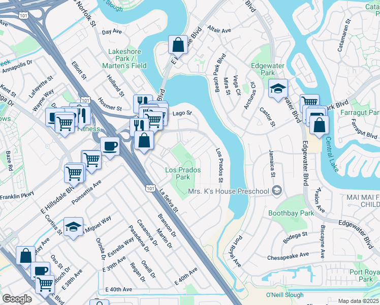 map of restaurants, bars, coffee shops, grocery stores, and more near 1855 El Parque Court in San Mateo