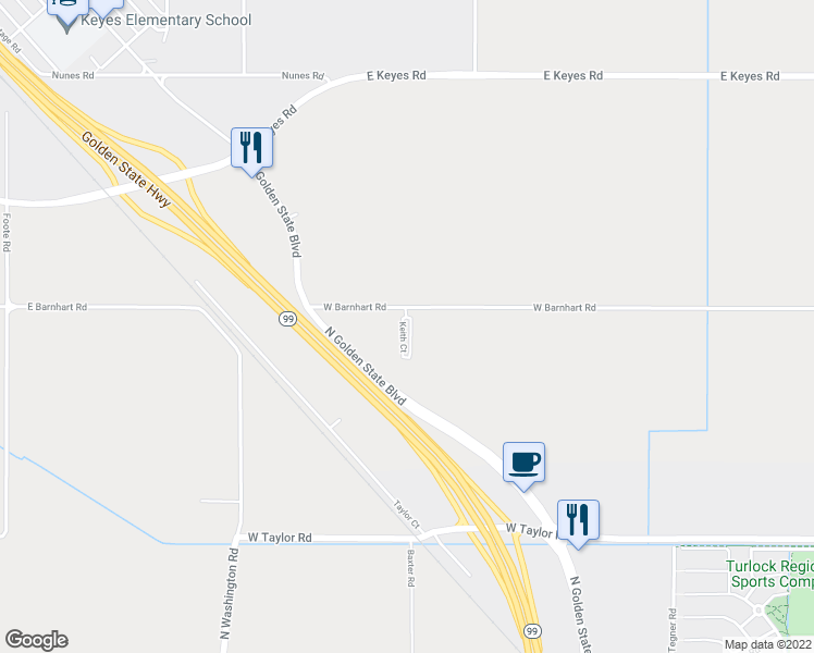map of restaurants, bars, coffee shops, grocery stores, and more near 5507 Keith Court in Turlock