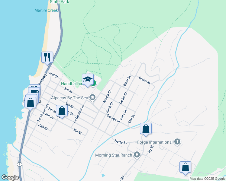 map of restaurants, bars, coffee shops, grocery stores, and more near 1047 Acacia Street in Montara