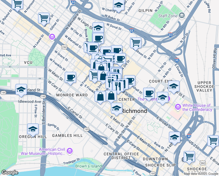 map of restaurants, bars, coffee shops, grocery stores, and more near in Richmond