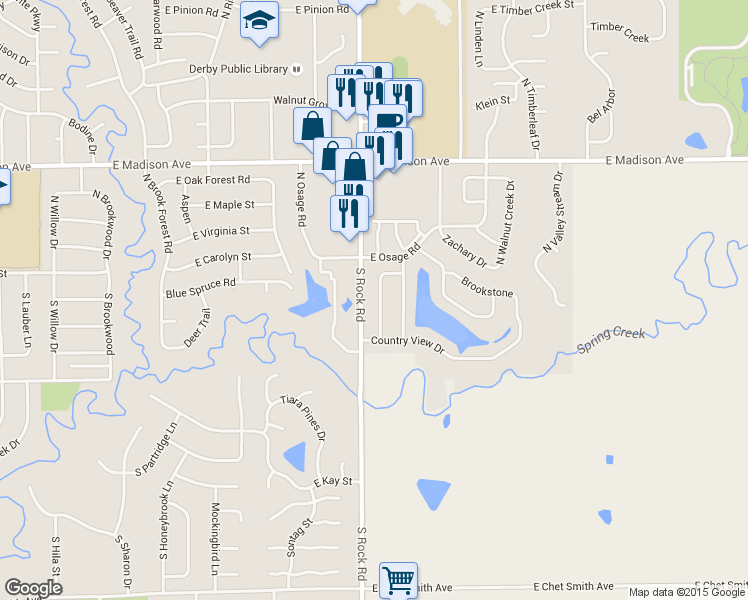 map of restaurants, bars, coffee shops, grocery stores, and more near 117 South Crosswood Lane in Derby