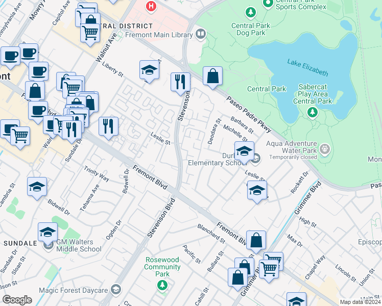 map of restaurants, bars, coffee shops, grocery stores, and more near in Fremont