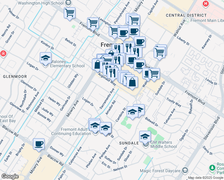 map of restaurants, bars, coffee shops, grocery stores, and more near 222 Presidio Way in Fremont