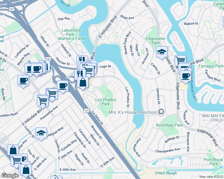 map of restaurants, bars, coffee shops, grocery stores, and more near 1855 El Parque Court in San Mateo