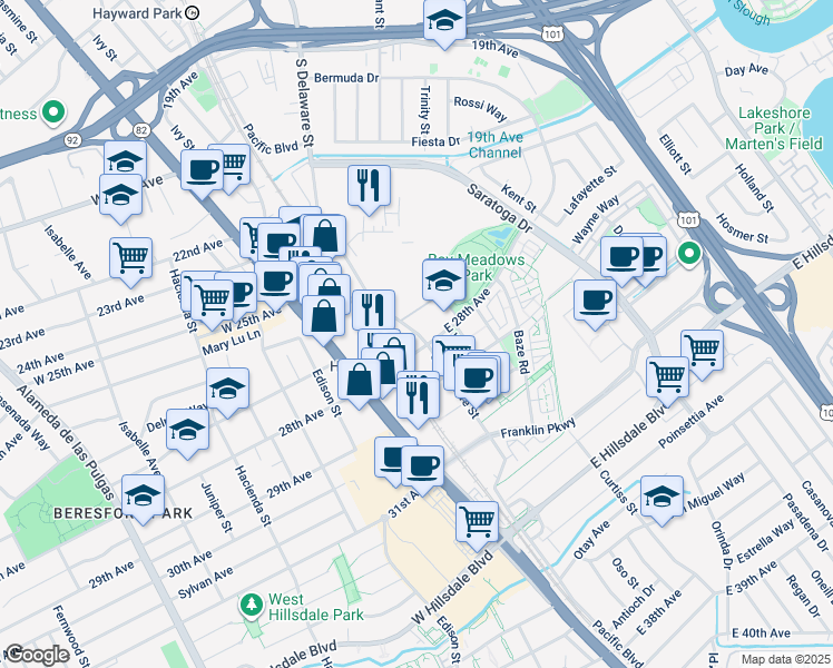 map of restaurants, bars, coffee shops, grocery stores, and more near 2600 South Delaware Street in San Mateo