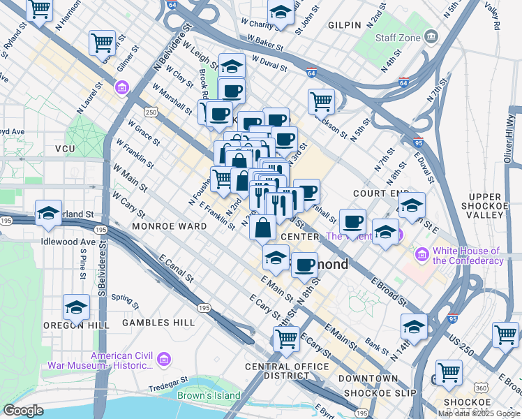 map of restaurants, bars, coffee shops, grocery stores, and more near 313 East Broad Street in Richmond