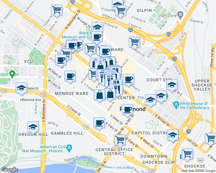 map of restaurants, bars, coffee shops, grocery stores, and more near in Richmond