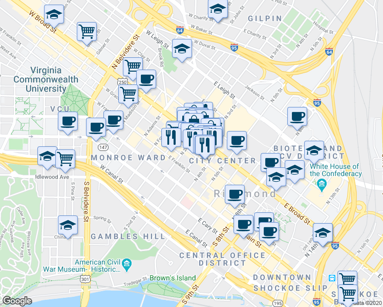 map of restaurants, bars, coffee shops, grocery stores, and more near 210 East Grace Street in Richmond