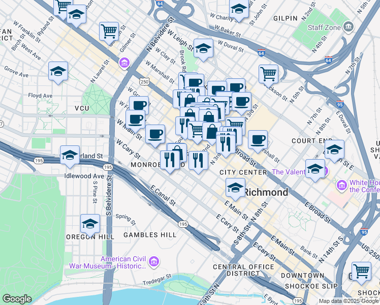 map of restaurants, bars, coffee shops, grocery stores, and more near 105 North 1st Street in Richmond