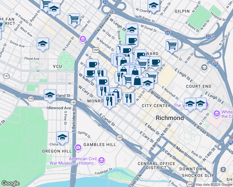 map of restaurants, bars, coffee shops, grocery stores, and more near 3 East Franklin Street in Richmond