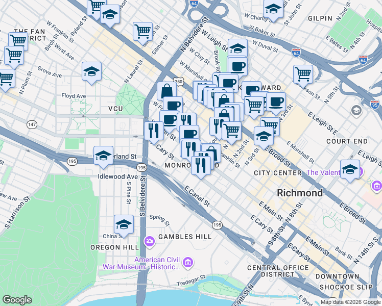 map of restaurants, bars, coffee shops, grocery stores, and more near 14 West Main Street in Richmond
