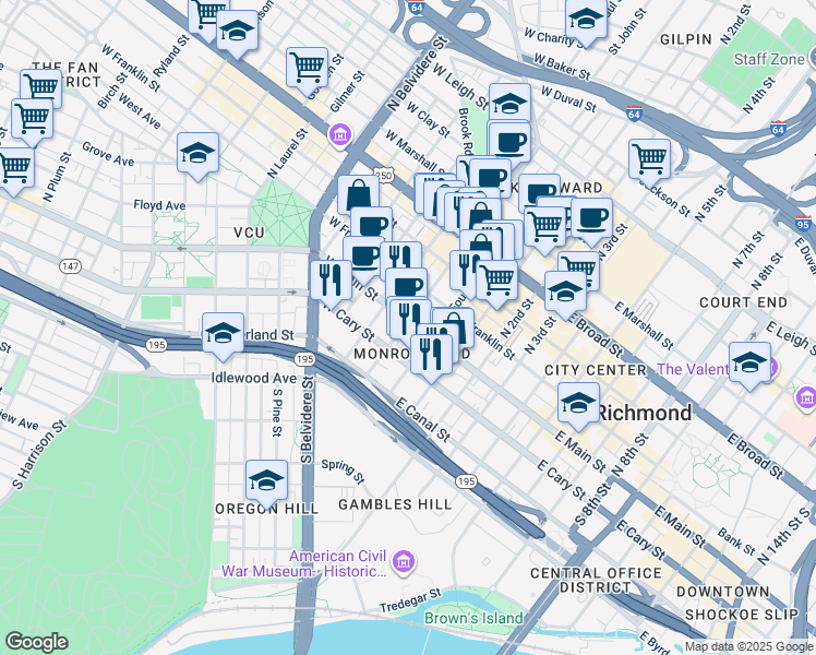 map of restaurants, bars, coffee shops, grocery stores, and more near 14 West Main Street in Richmond
