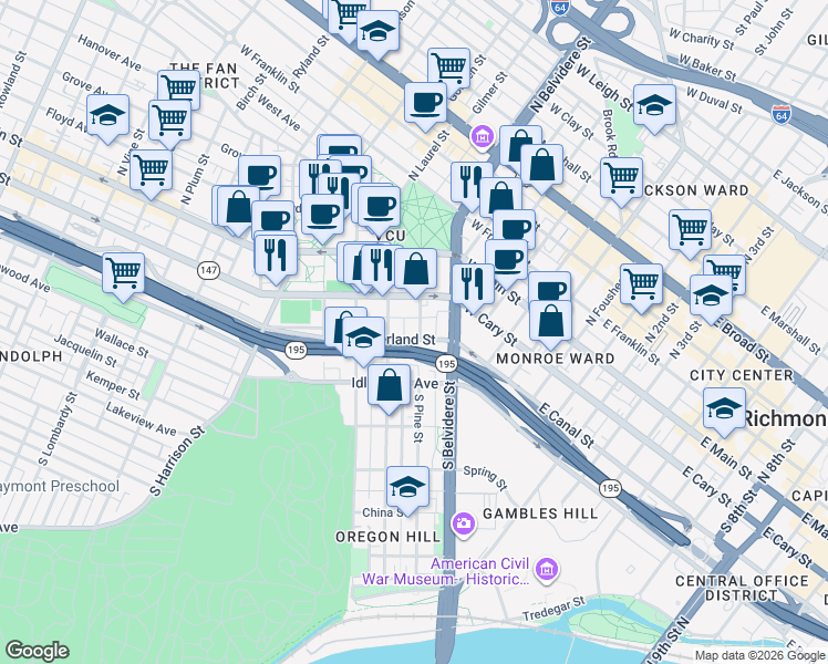 map of restaurants, bars, coffee shops, grocery stores, and more near 125 South Laurel Street in Richmond