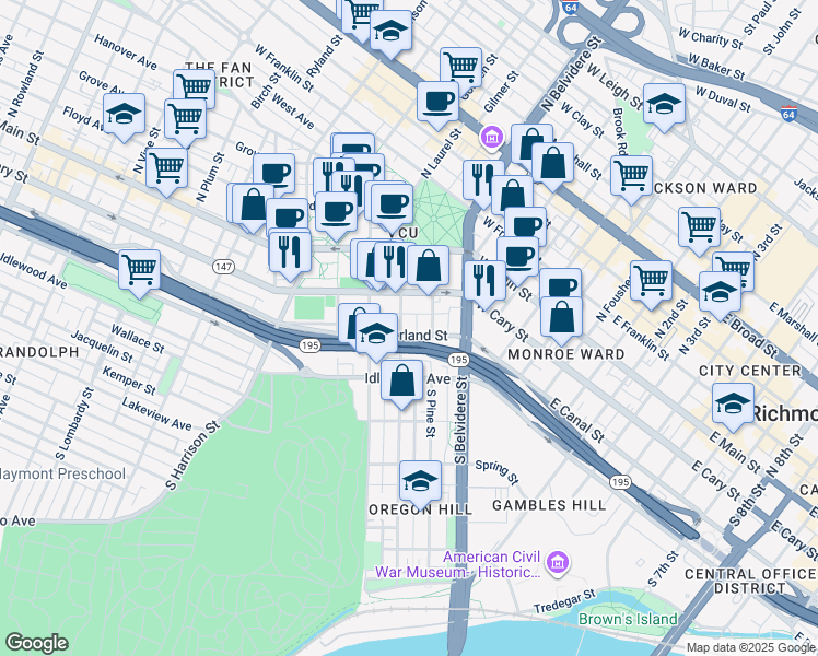 map of restaurants, bars, coffee shops, grocery stores, and more near 125 South Laurel Street in Richmond