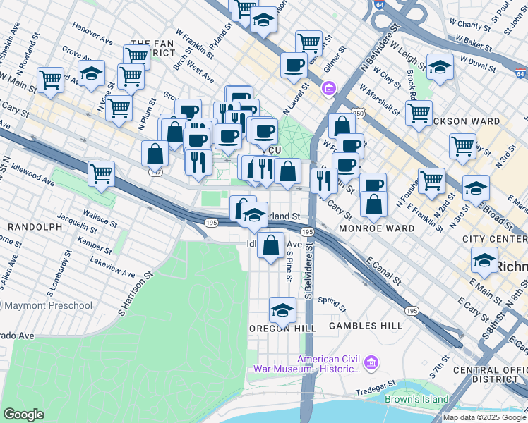 map of restaurants, bars, coffee shops, grocery stores, and more near 137 South Cherry Street in Richmond