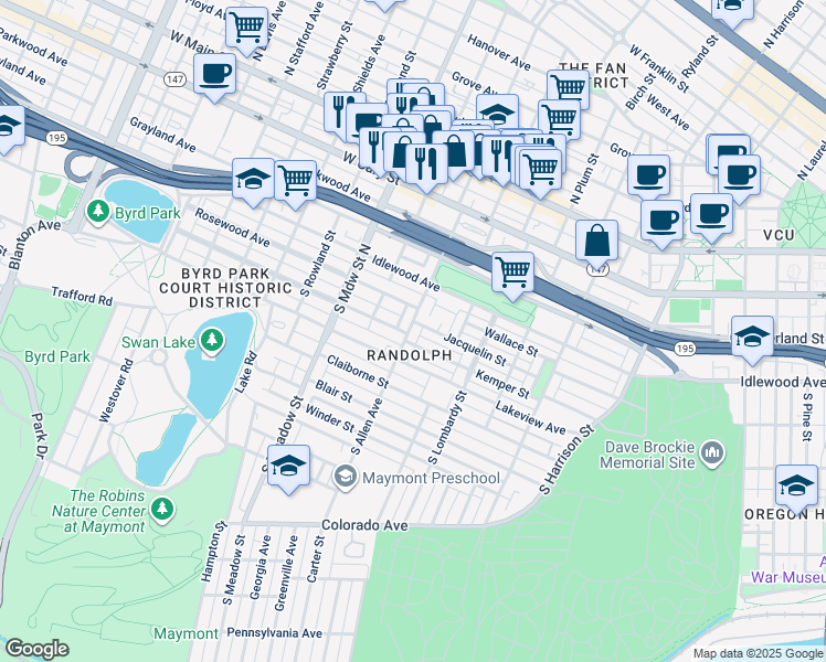 map of restaurants, bars, coffee shops, grocery stores, and more near 503 South Allen Avenue in Richmond