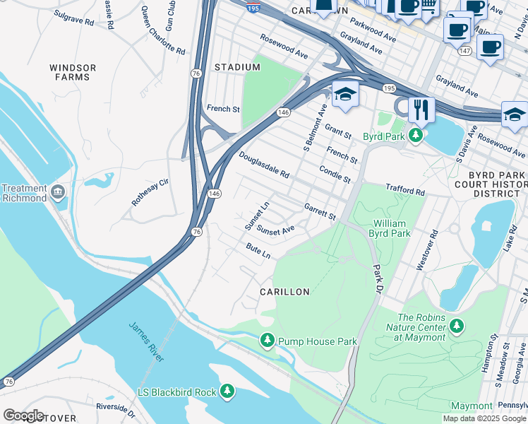 map of restaurants, bars, coffee shops, grocery stores, and more near 3121 Rendale Avenue in Richmond