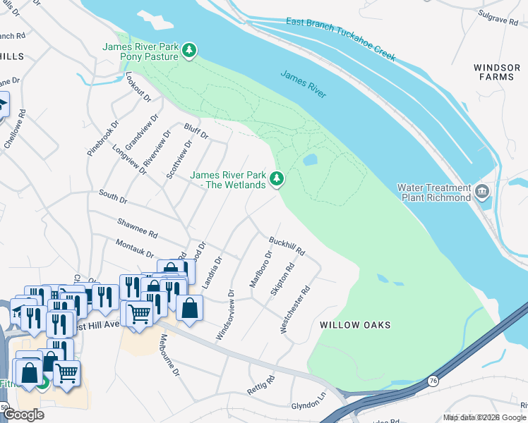 map of restaurants, bars, coffee shops, grocery stores, and more near 3319 Landria Drive in Richmond