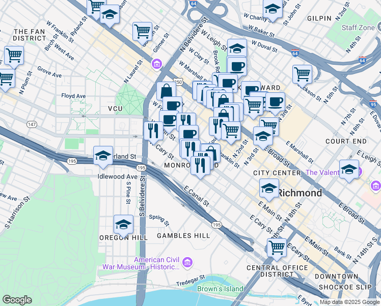 map of restaurants, bars, coffee shops, grocery stores, and more near 14 West Main Street in Richmond
