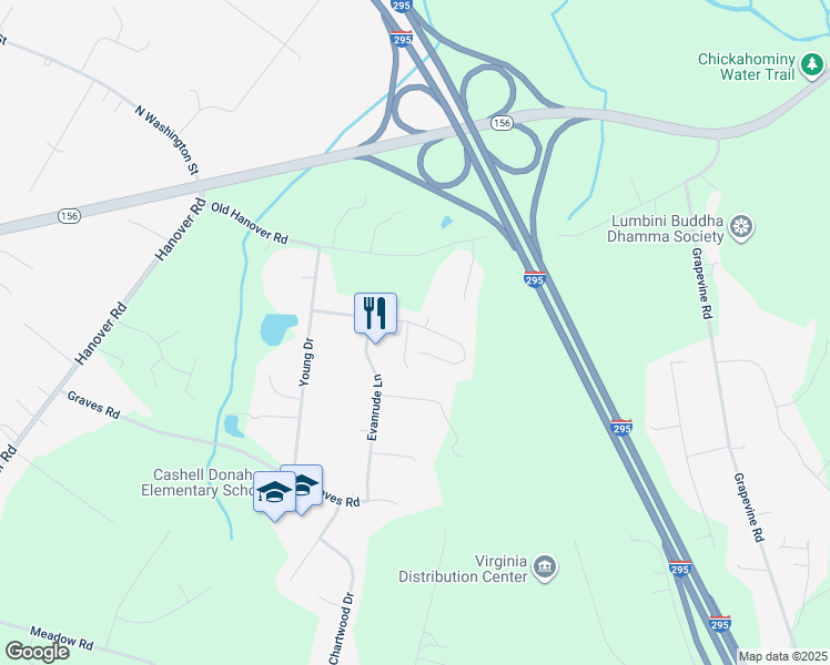 map of restaurants, bars, coffee shops, grocery stores, and more near 1921 Chinchilla Drive in Sandston
