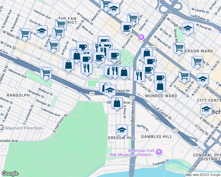 map of restaurants, bars, coffee shops, grocery stores, and more near 137 South Cherry Street in Richmond