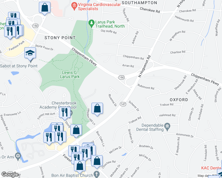 map of restaurants, bars, coffee shops, grocery stores, and more near 3500 West Point Court in Richmond