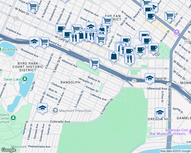 map of restaurants, bars, coffee shops, grocery stores, and more near 1505 Idlewood Avenue in Richmond