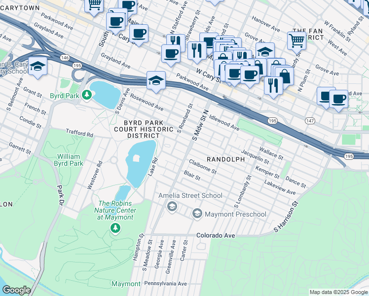 map of restaurants, bars, coffee shops, grocery stores, and more near 2001 Lakeview Avenue in Richmond