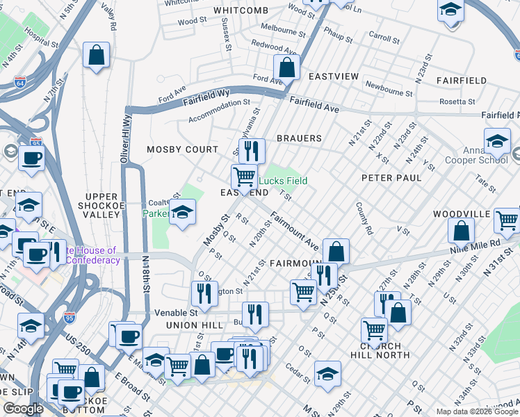 map of restaurants, bars, coffee shops, grocery stores, and more near in Richmond