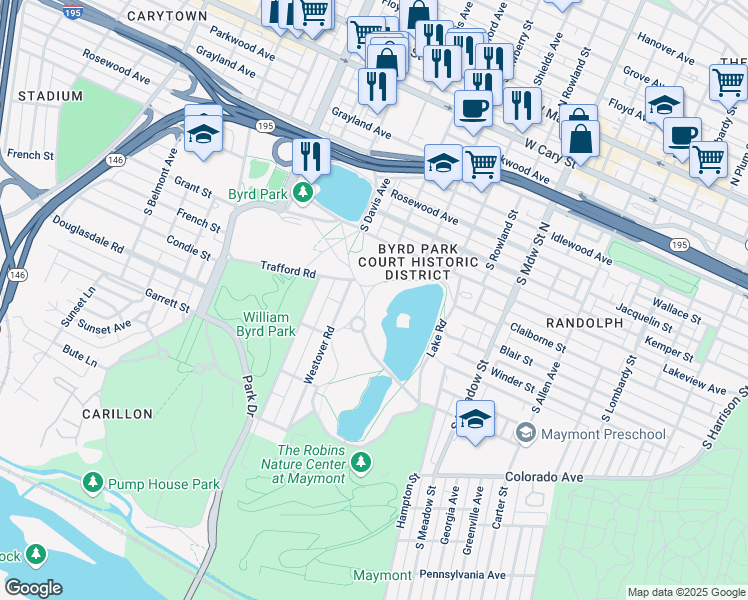 map of restaurants, bars, coffee shops, grocery stores, and more near 800 Swan Lake Drive in Richmond