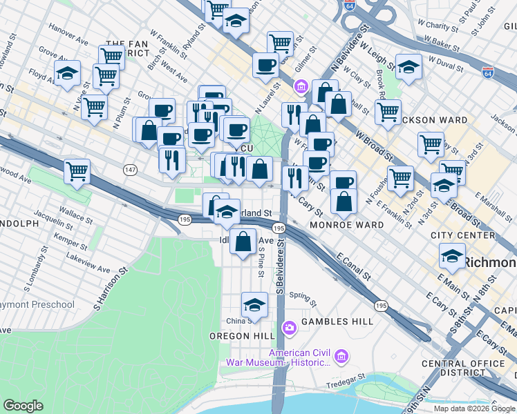map of restaurants, bars, coffee shops, grocery stores, and more near 125 South Laurel Street in Richmond