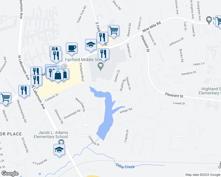 map of restaurants, bars, coffee shops, grocery stores, and more near 5111 Seaton Court in Richmond