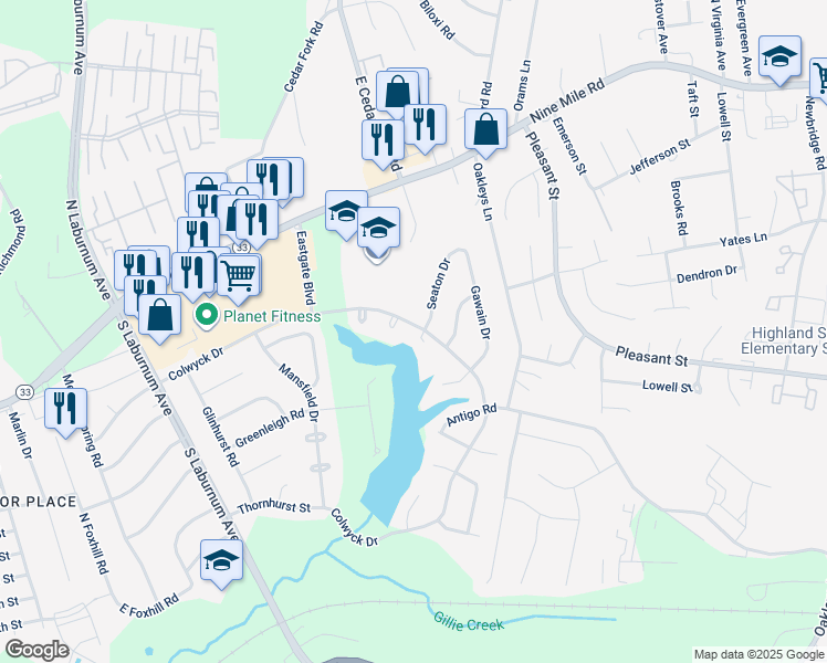 map of restaurants, bars, coffee shops, grocery stores, and more near 5111 Seaton Court in Richmond