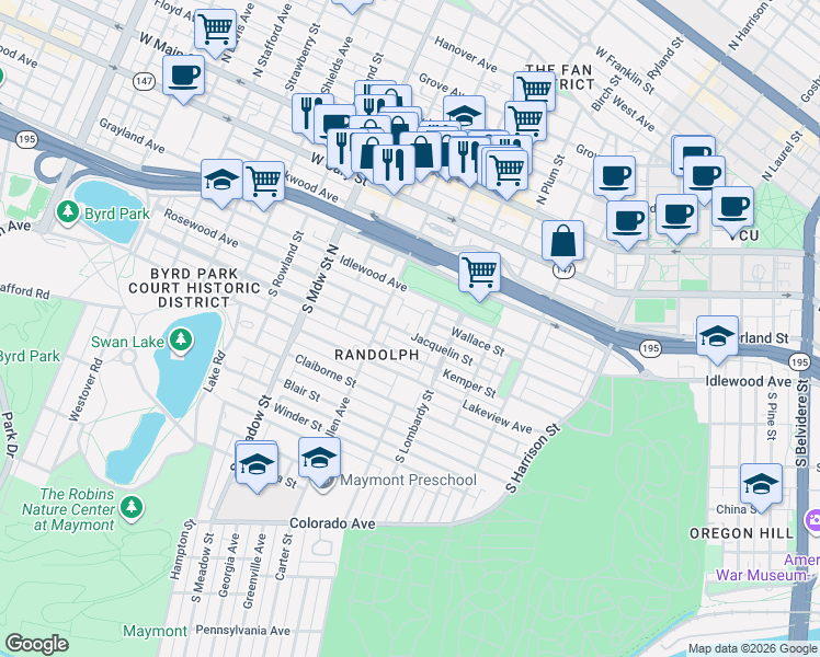 map of restaurants, bars, coffee shops, grocery stores, and more near 1702 Jacquelin St in Richmond