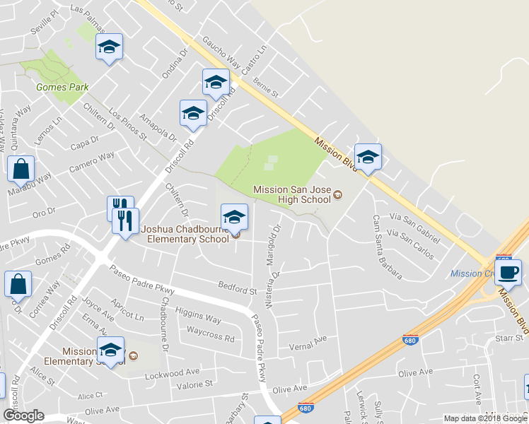 map of restaurants, bars, coffee shops, grocery stores, and more near 41621 Mission Creek Drive in Fremont