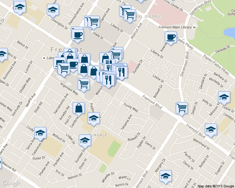 map of restaurants, bars, coffee shops, grocery stores, and more near 39124 Sundale Drive in Fremont