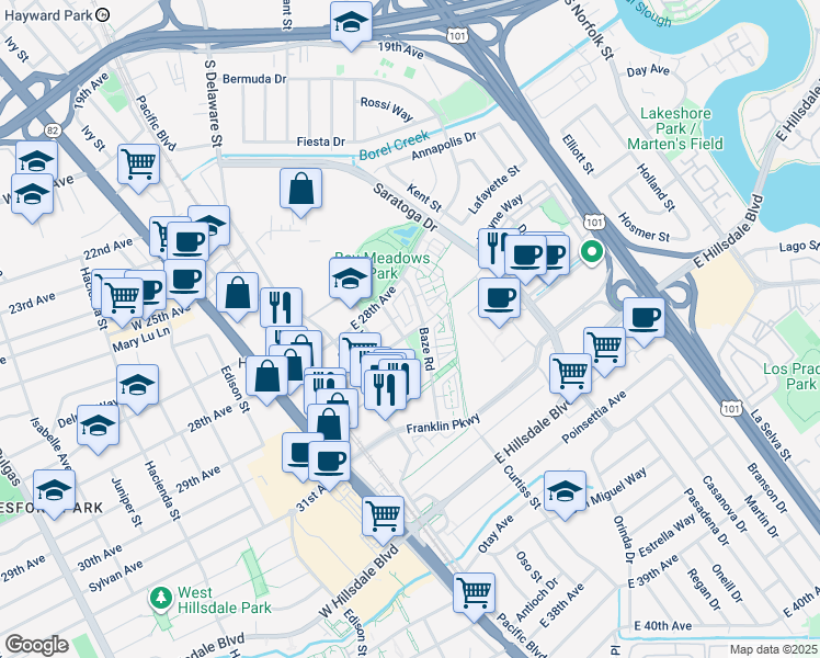 map of restaurants, bars, coffee shops, grocery stores, and more near 367 Derby Avenue in San Mateo
