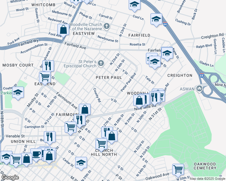 map of restaurants, bars, coffee shops, grocery stores, and more near 1609 North 25th Street in Richmond