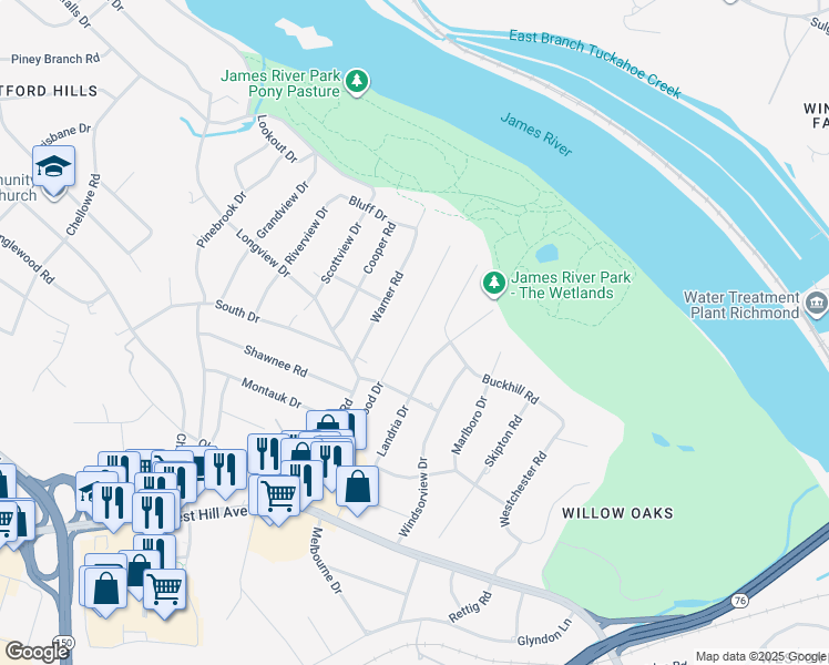 map of restaurants, bars, coffee shops, grocery stores, and more near 3317 Blithewood Drive in Richmond