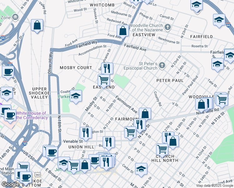 map of restaurants, bars, coffee shops, grocery stores, and more near 1920 Fairmount Avenue in Richmond